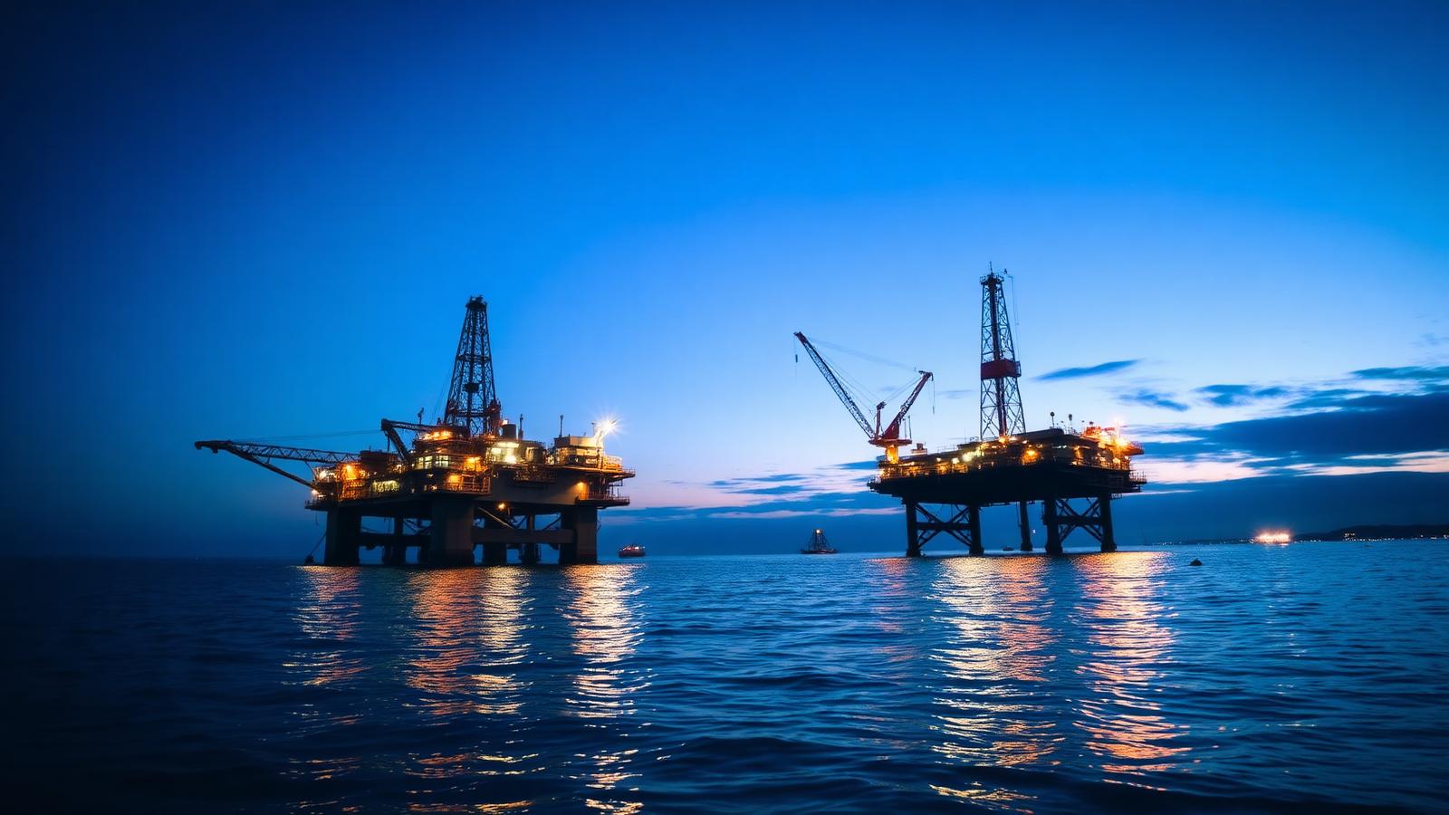Offshore oil platform and terminal lit at blue hour over calm sea
