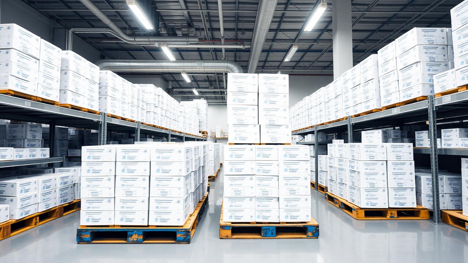 Clean pharmaceutical warehouse with labelled cartons stacked on pallets