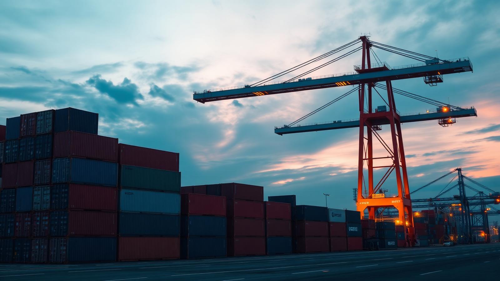 Container port at dawn with stacked shipping containers and a cargo crane