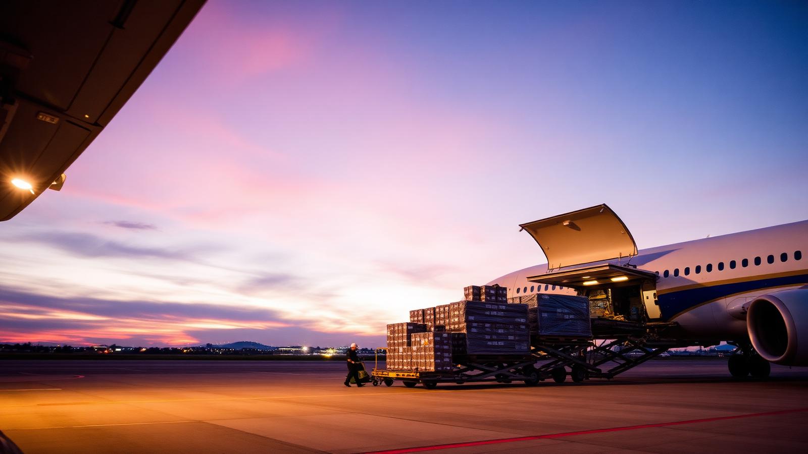 Air cargo pallets being loaded onto a freight aircraft on the tarmac at dusk