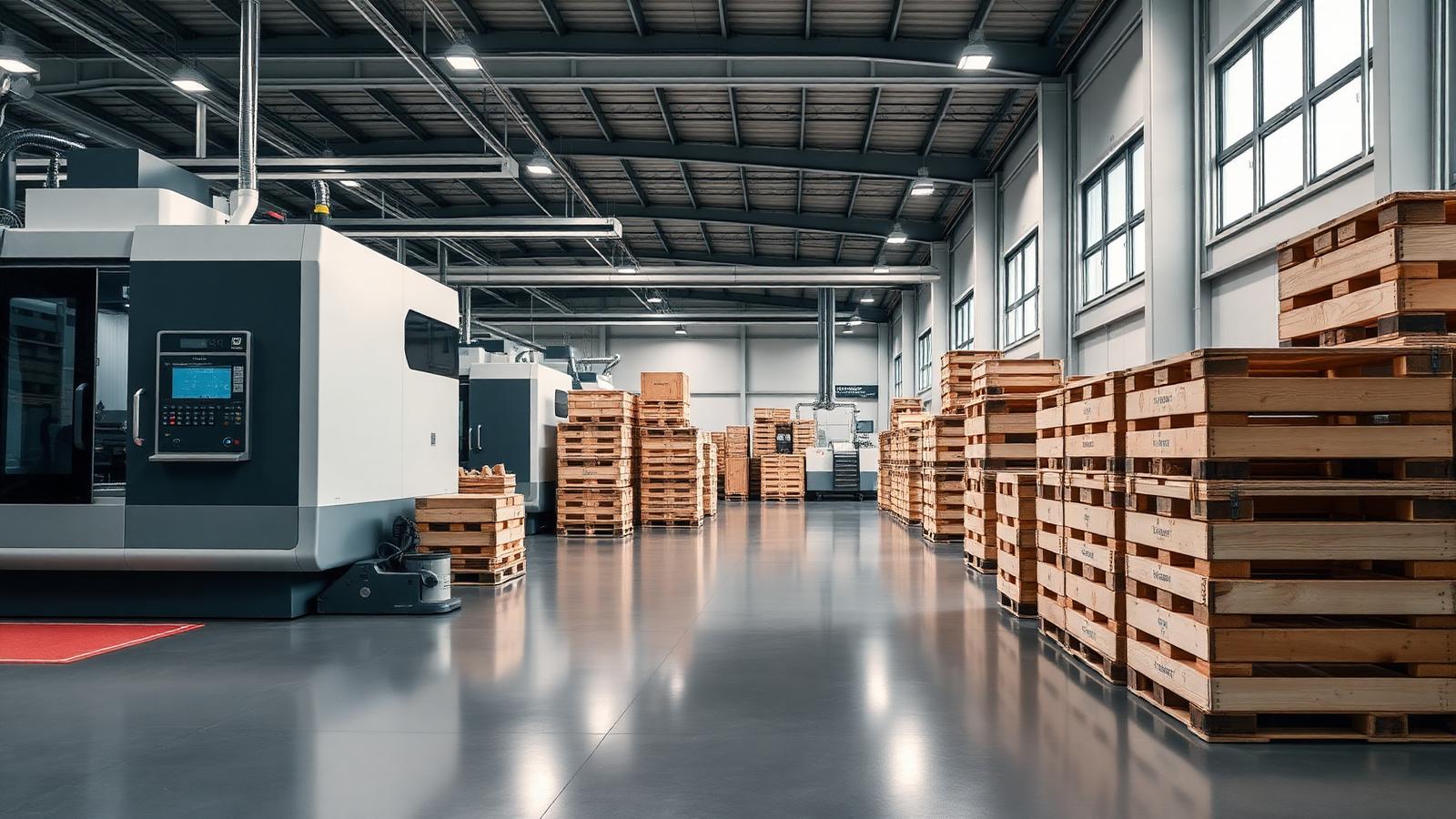 Modern factory floor with production machinery and stacked shipping crates