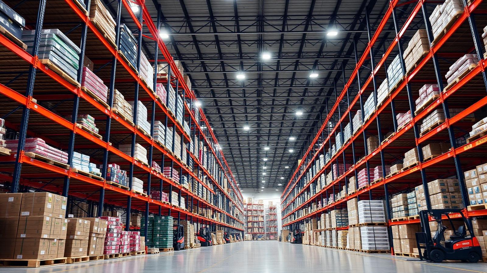 High-bay distribution warehouse with racked pallets of consumer goods and forklifts