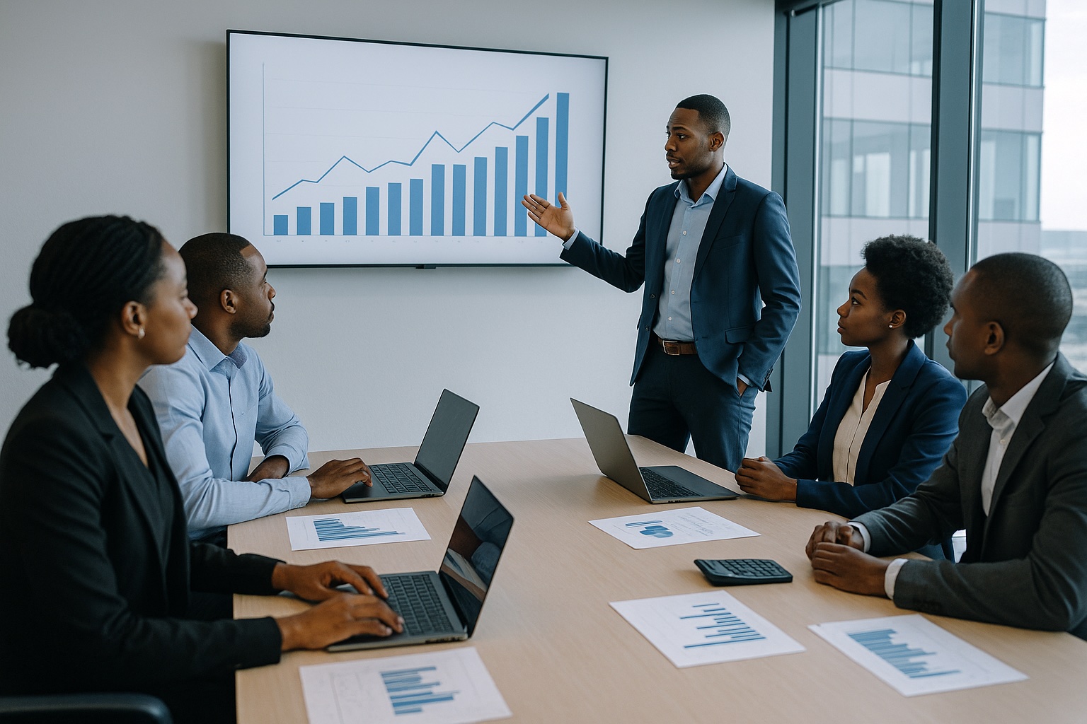 Finance team reviewing performance charts in a boardroom meeting