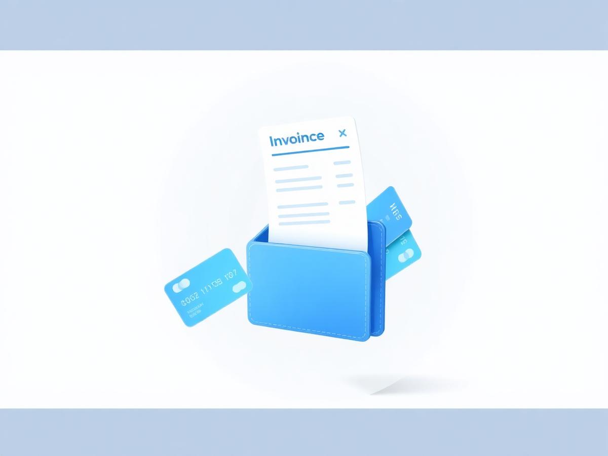 Illustration of invoices and payment cards flowing into a single Bluebulb wallet