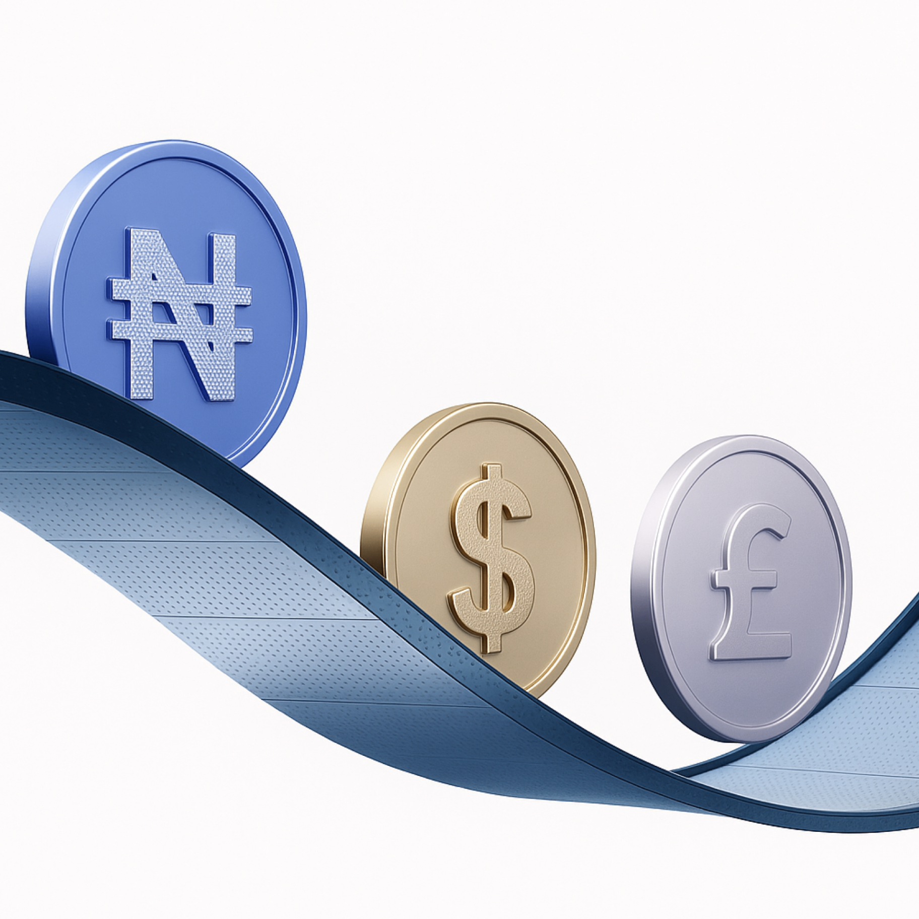 3D illustration of currency coins (Naira, Dollar, Pound) on flowing ribbon design