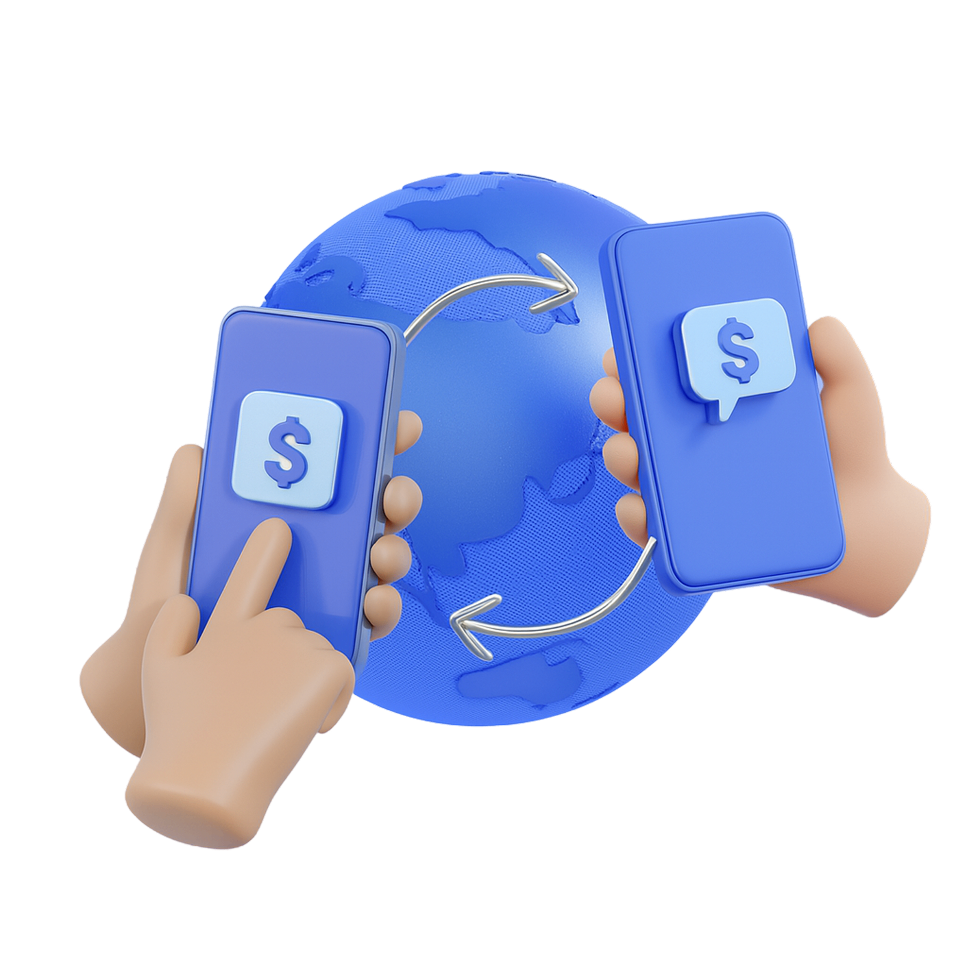 3D illustration of hands holding phones with money transfer around a blue globe