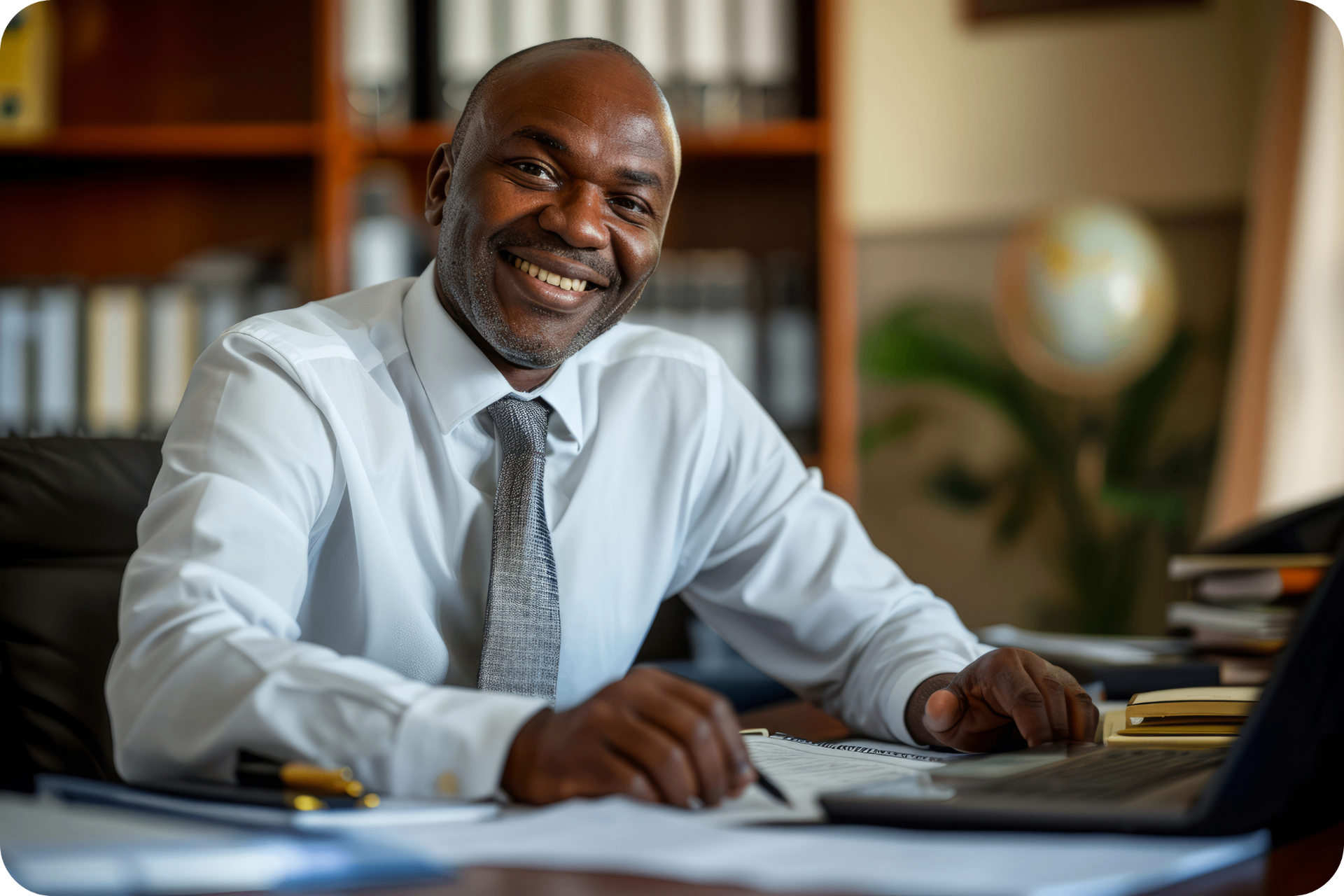 African businessman at desk with bookshelves