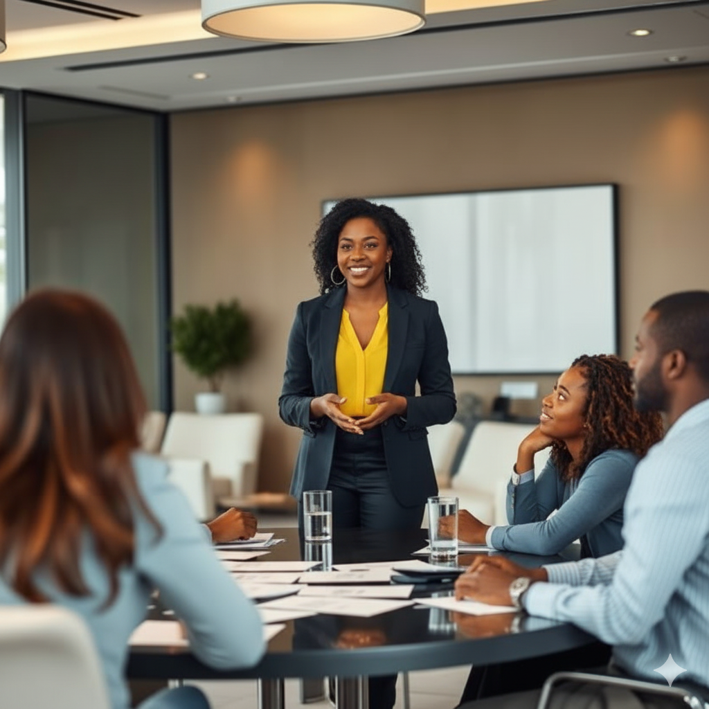 Professional woman presenting in business meeting
