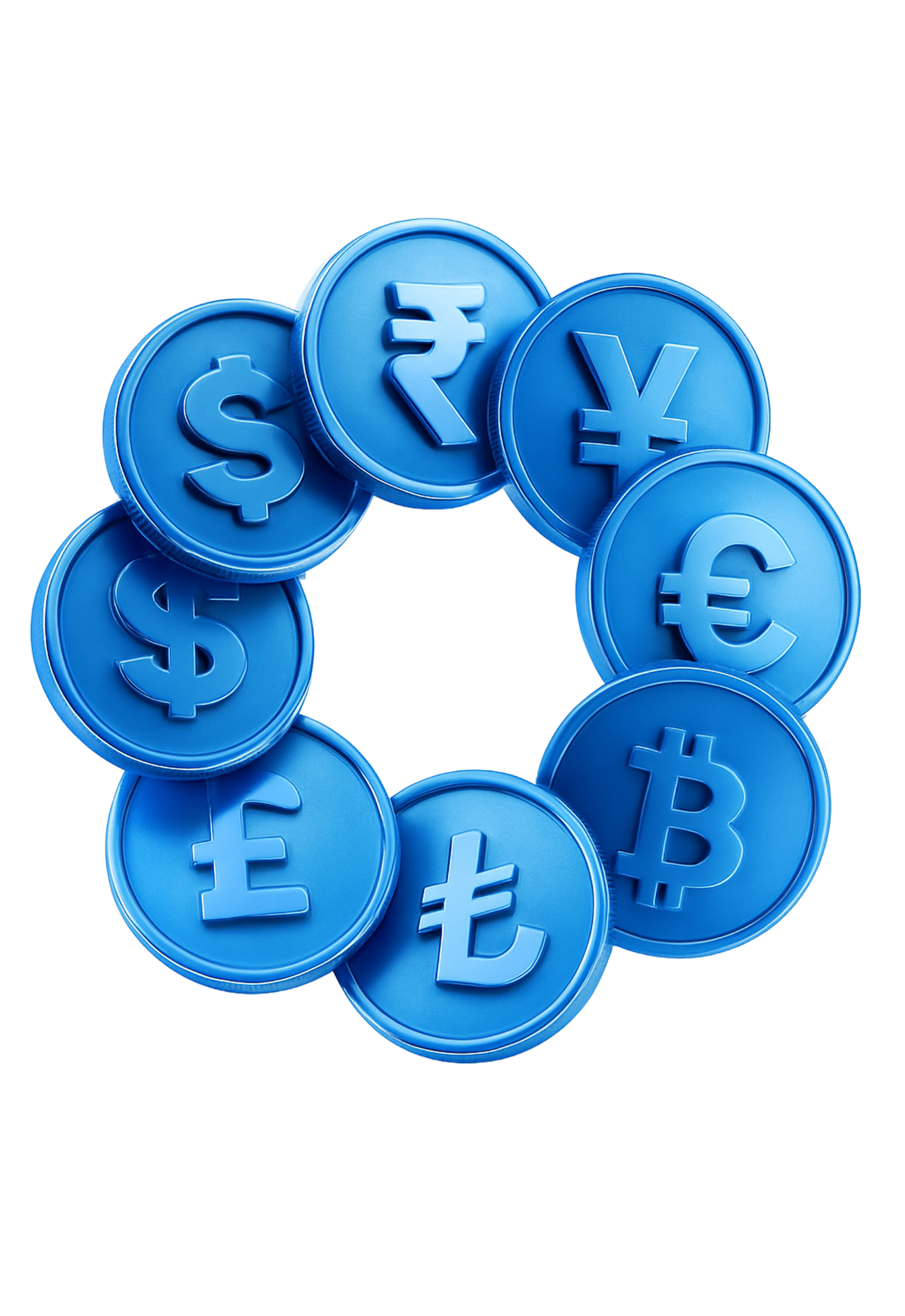 3D blue currency coins arranged in circular pattern showing Dollar, Pound, Euro, Yen, Rupee, Bitcoin, and Turkish Lira symbols